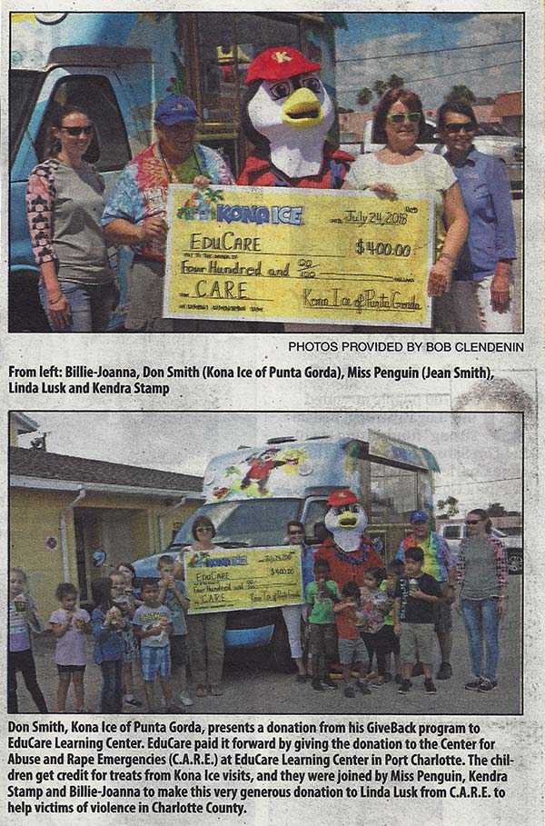 Newspaper cliping showing EduCare and Kona Ice presenting a giant check to C A R E